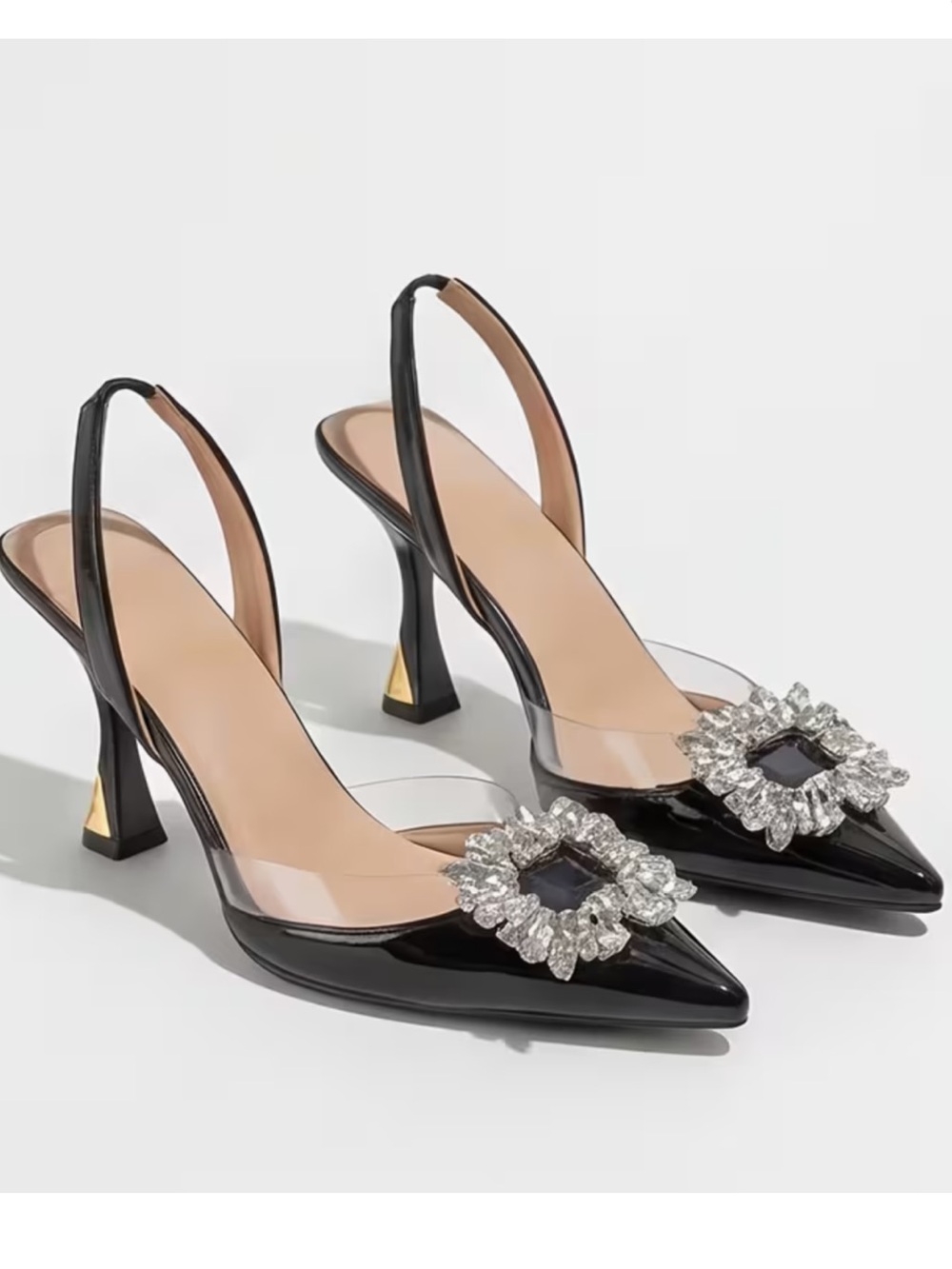 Black Kitten Heel Sling Back with Sparkly Brooch Detail